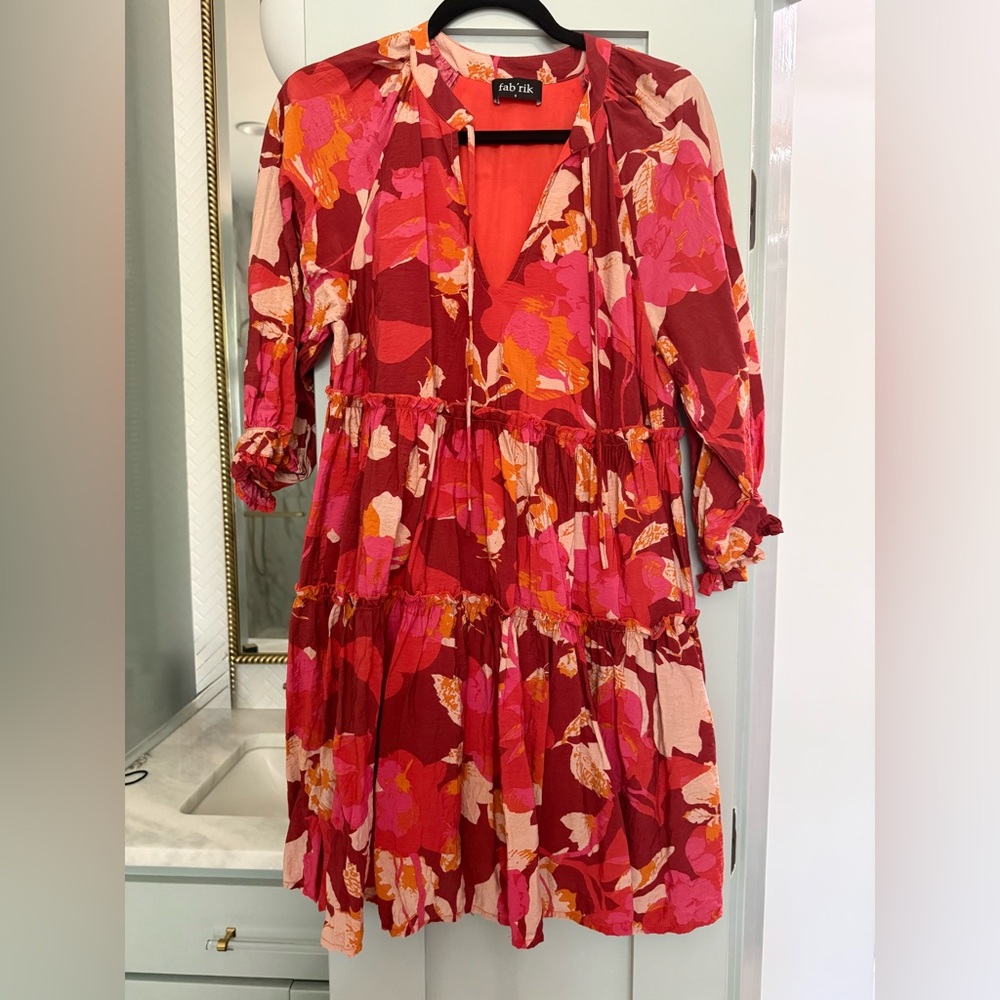 Fabrik Mini Floral Babydoll Dress Red Pink Orange 3/4 Sleeve size small EUC - Picture 3 of 8